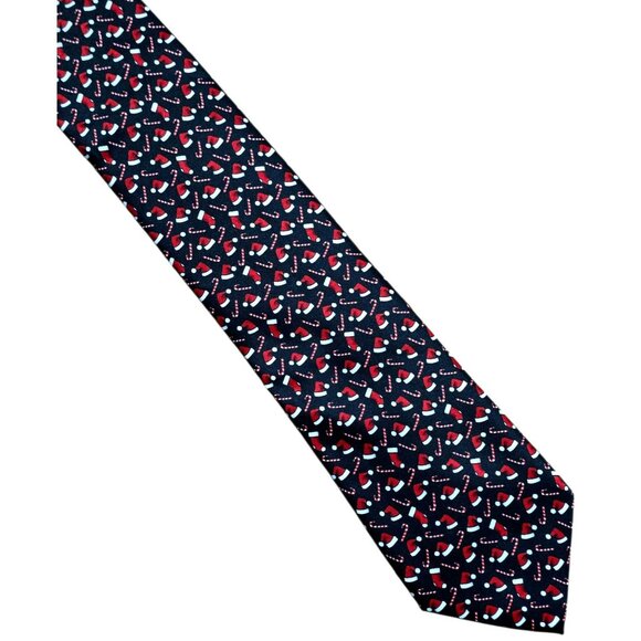 VTG Santa Hat Candy Cane Christmas Neck Tie Novelty Holiday Party Black Red Noel - Picture 1 of 7
